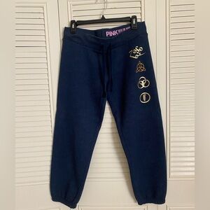 PINK Victoria's Secret Dark Blue Joggers with Gold Symbols